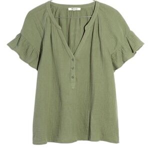 Madewell Lightspun Ruffle-Sleeve Henley Top Gauze V‎ Neck Green NWT Size XXS